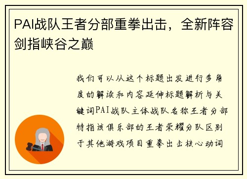 PAI战队王者分部重拳出击，全新阵容剑指峡谷之巅