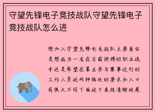 守望先锋电子竞技战队守望先锋电子竞技战队怎么进